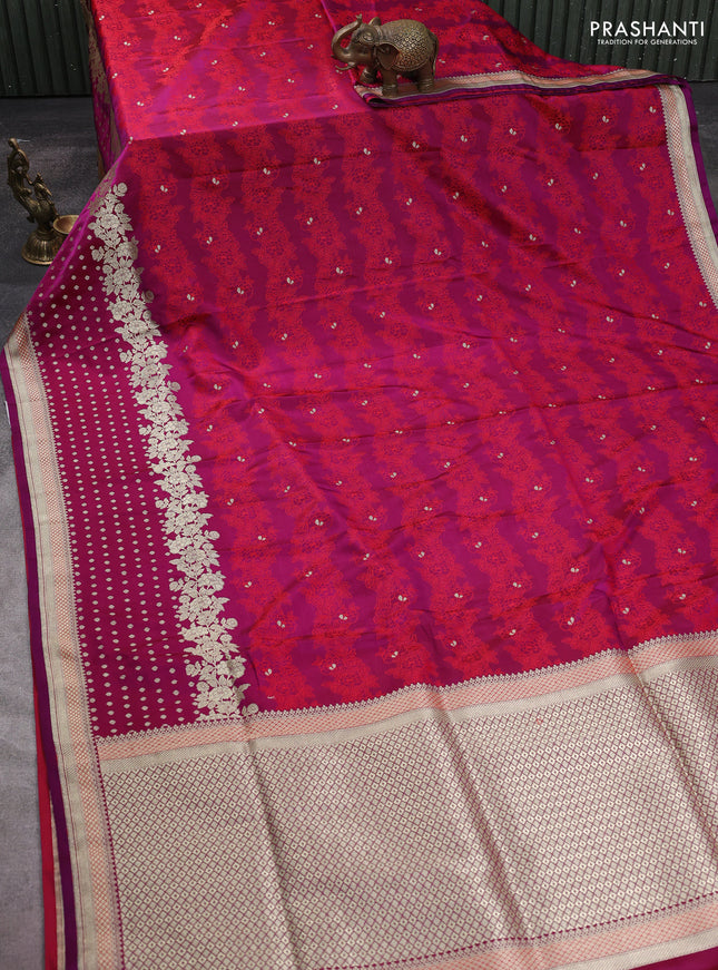 Banarasi semi katan silk saree purple with allover floral self emboss & zari woven buttas and zari woven border