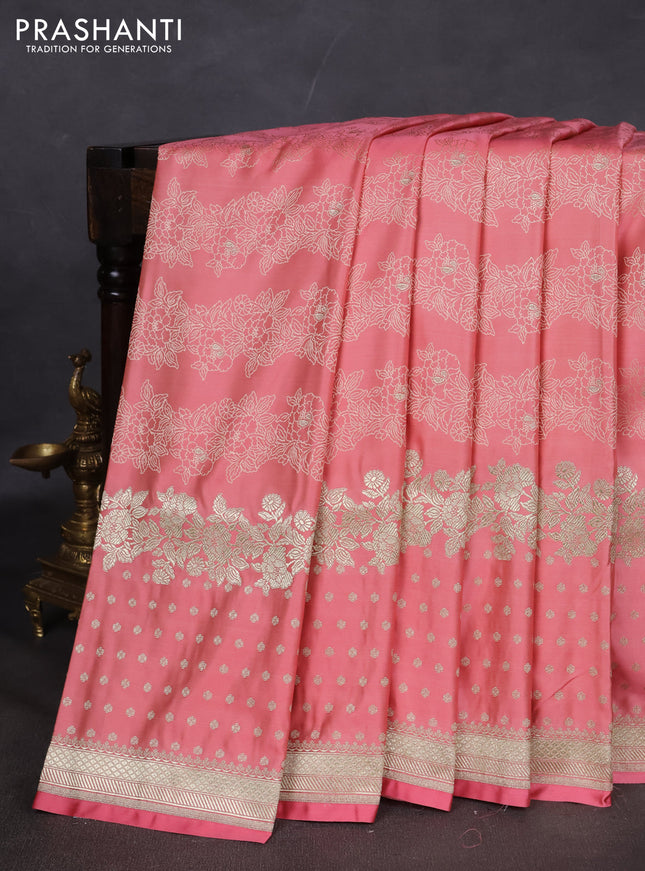 Banarasi semi katan silk saree peach shade with allover floral self emboss & zari woven buttas and zari woven border
