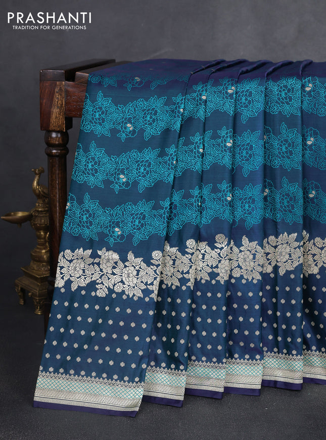 Banarasi semi katan silk saree peacock blue with allover floral self emboss & zari woven buttas and zari woven border