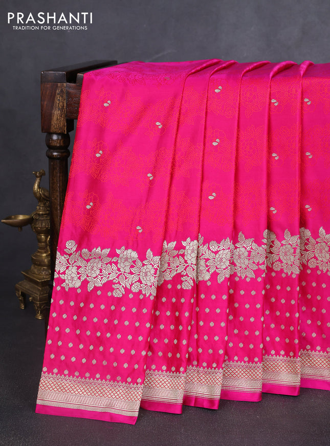 Banarasi semi katan silk saree dark pink with allover floral self emboss & zari woven buttas and zari woven border