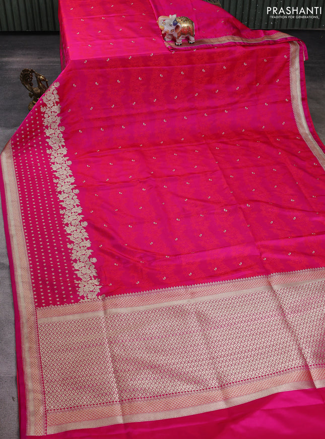 Banarasi semi katan silk saree dark pink with allover floral self emboss & zari woven buttas and zari woven border