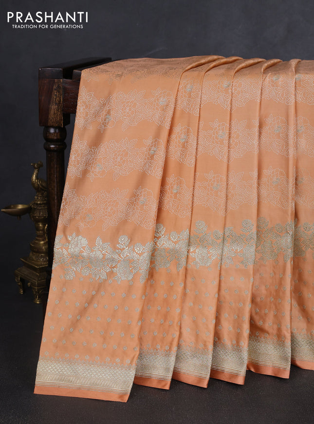 Banarasi semi katan silk saree peach orange with allover floral self emboss & zari woven buttas and zari woven border