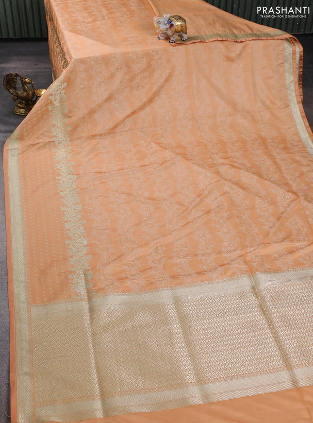 Banarasi semi katan silk saree peach orange with allover floral self emboss & zari woven buttas and zari woven border