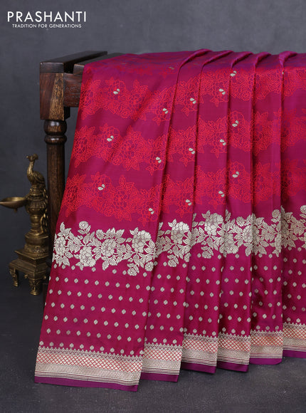 Banarasi semi katan silk saree wine shade and red with allover floral self emboss & zari woven buttas and zari woven border