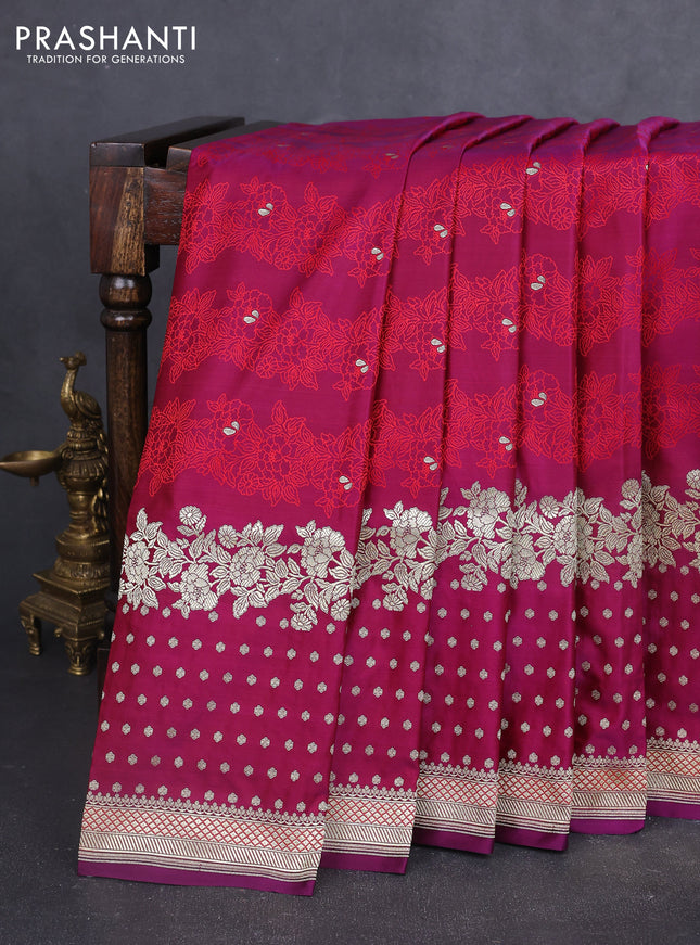 Banarasi semi katan silk saree wine shade and red with allover floral self emboss & zari woven buttas and zari woven border