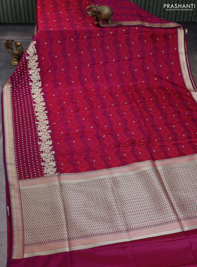 Banarasi semi katan silk saree wine shade and red with allover floral self emboss & zari woven buttas and zari woven border