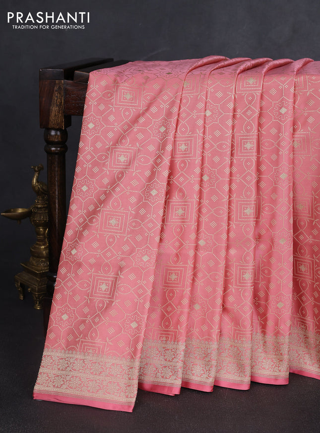 Banarasi semi katan silk saree peach pink with allover thread weaves & zari woven buttas and zari woven border