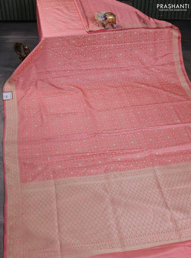 Banarasi semi katan silk saree peach pink with allover thread weaves & zari woven buttas and zari woven border