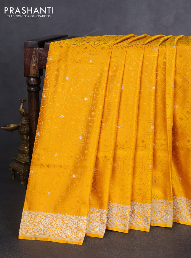 Banarasi semi katan silk saree yellow with allover thread weaves & zari woven buttas and zari woven border