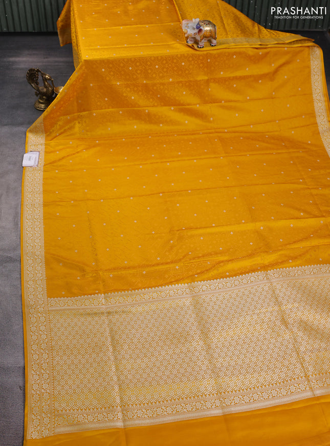 Banarasi semi katan silk saree yellow with allover thread weaves & zari woven buttas and zari woven border