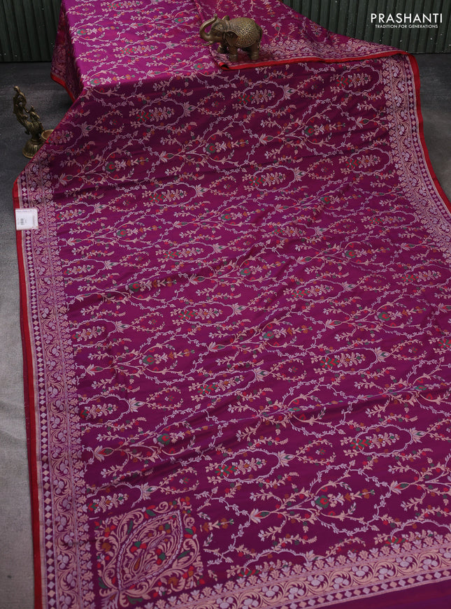 Banarasi semi katan silk saree purple with allover silver & zari weaves and zari woven border