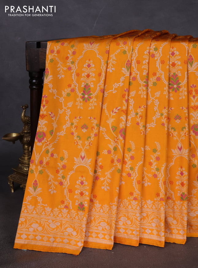 Banarasi semi katan silk saree yellow with allover silver & zari weaves and zari woven border