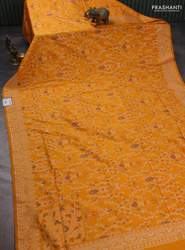 Banarasi semi katan silk saree yellow with allover silver & zari weaves and zari woven border