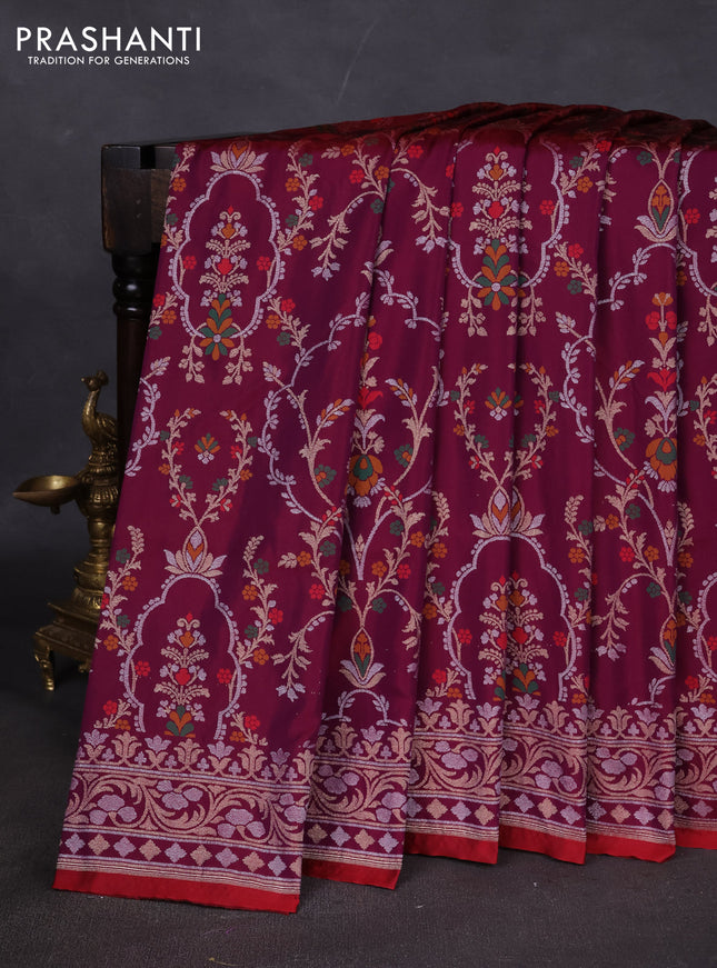 Banarasi semi katan silk saree deep purple with allover silver & zari weaves and zari woven border