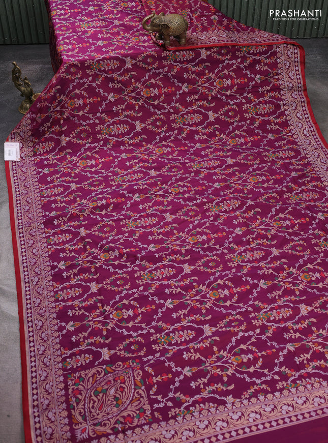 Banarasi semi katan silk saree deep purple with allover silver & zari weaves and zari woven border