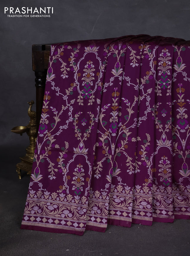 Banarasi semi katan silk saree purple with allover silver & zari weaves and zari woven border