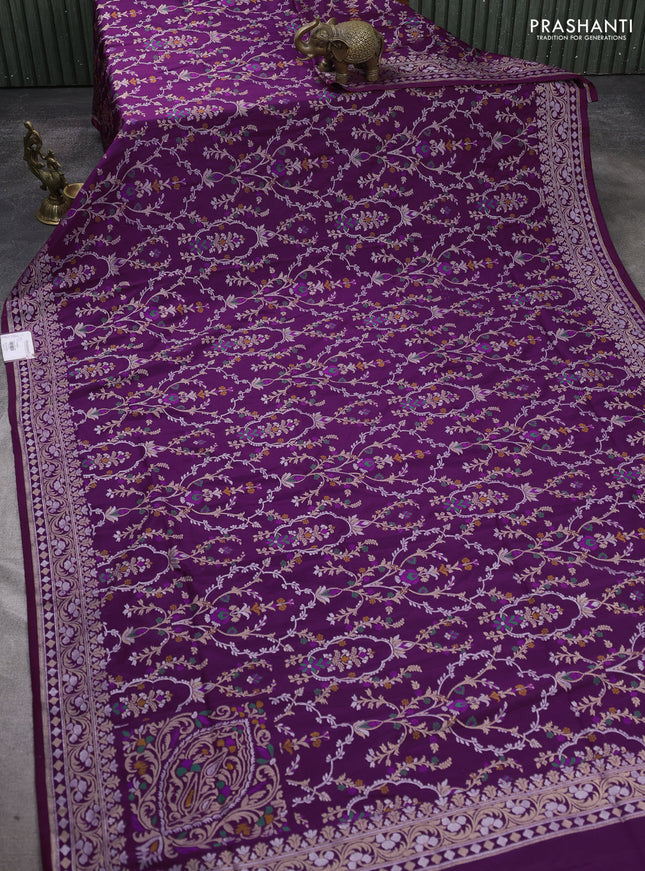 Banarasi semi katan silk saree purple with allover silver & zari weaves and zari woven border
