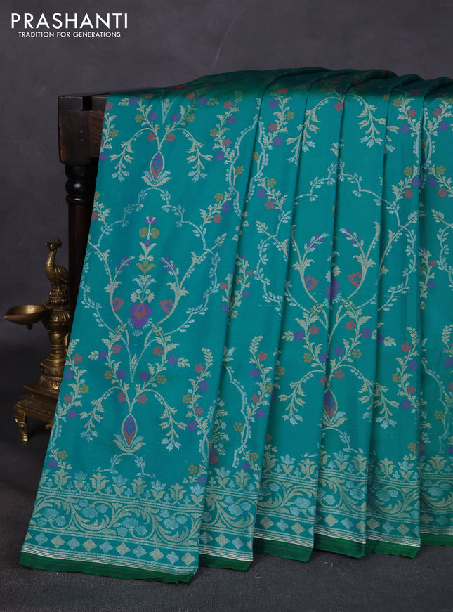 Banarasi semi katan silk saree teal green with allover silver & zari weaves and zari woven border