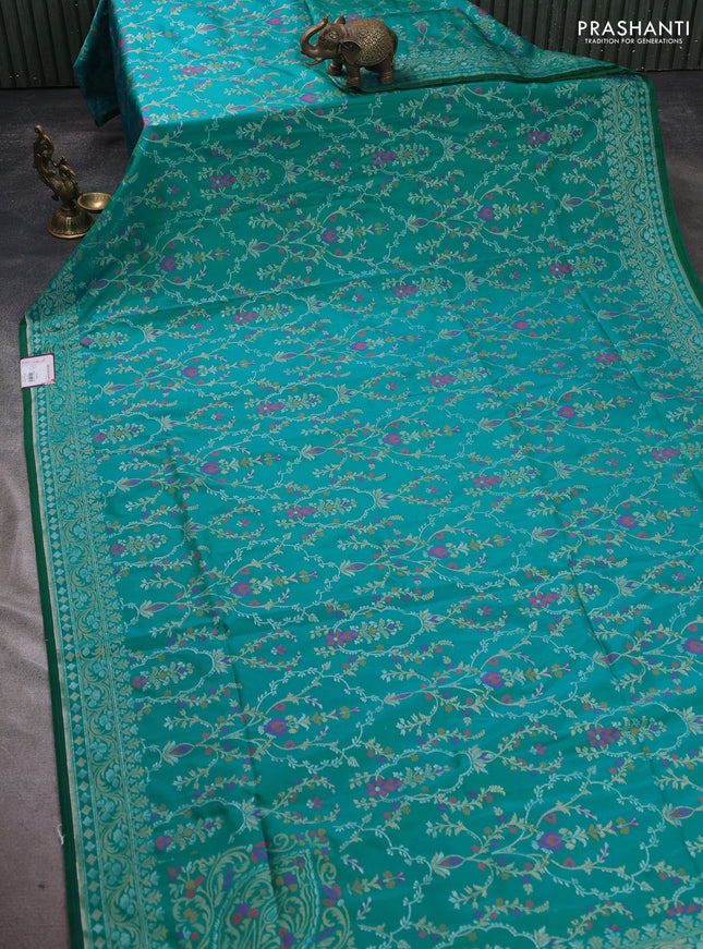 Banarasi semi katan silk saree teal green with allover silver & zari weaves and zari woven border