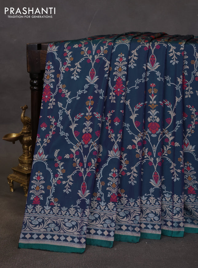Banarasi semi katan silk saree dual shade of bluish green with allover silver & zari weaves and zari woven border