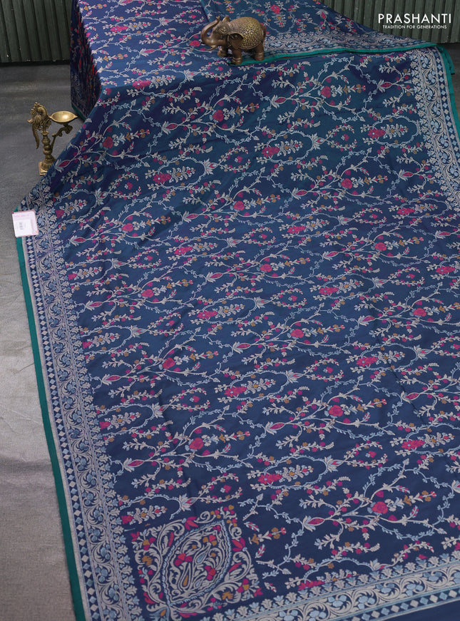 Banarasi semi katan silk saree dual shade of bluish green with allover silver & zari weaves and zari woven border