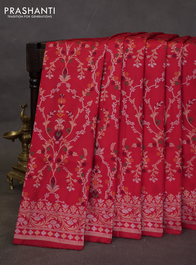 Banarasi semi katan silk saree red with allover silver & zari weaves and zari woven border