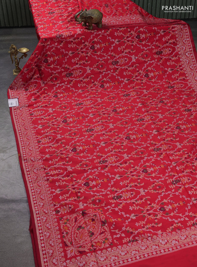 Banarasi semi katan silk saree red with allover silver & zari weaves and zari woven border