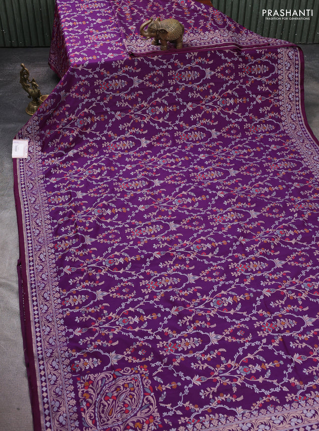 Banarasi semi katan silk saree purple with allover silver & zari weaves and zari woven border