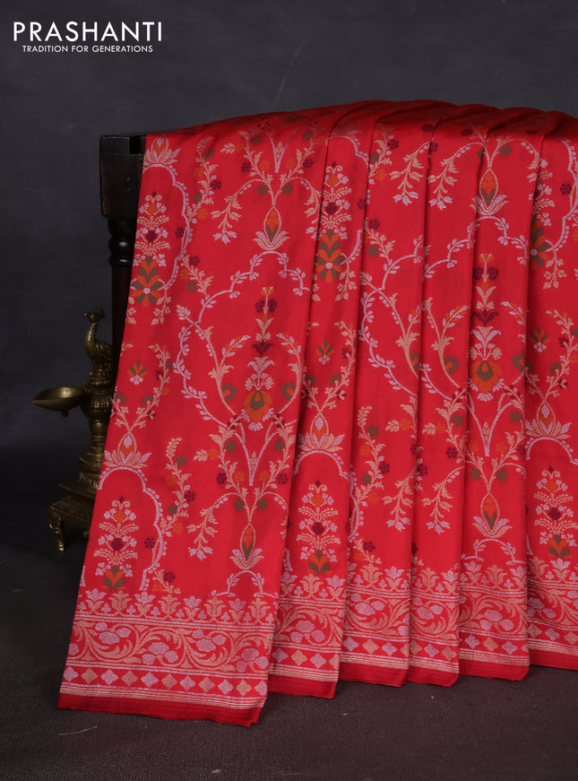 Banarasi semi katan silk saree red with allover silver & zari weaves and zari woven border
