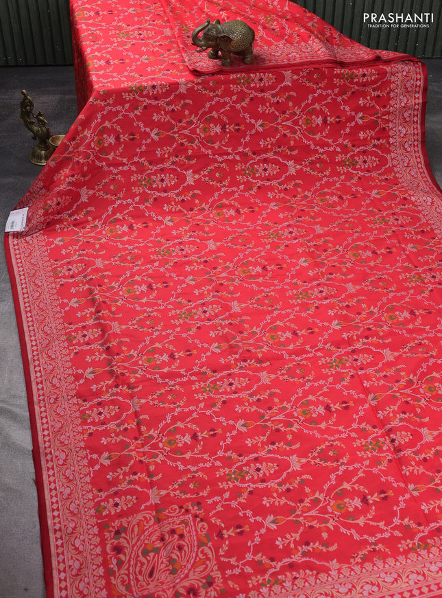 Banarasi semi katan silk saree red with allover silver & zari weaves and zari woven border
