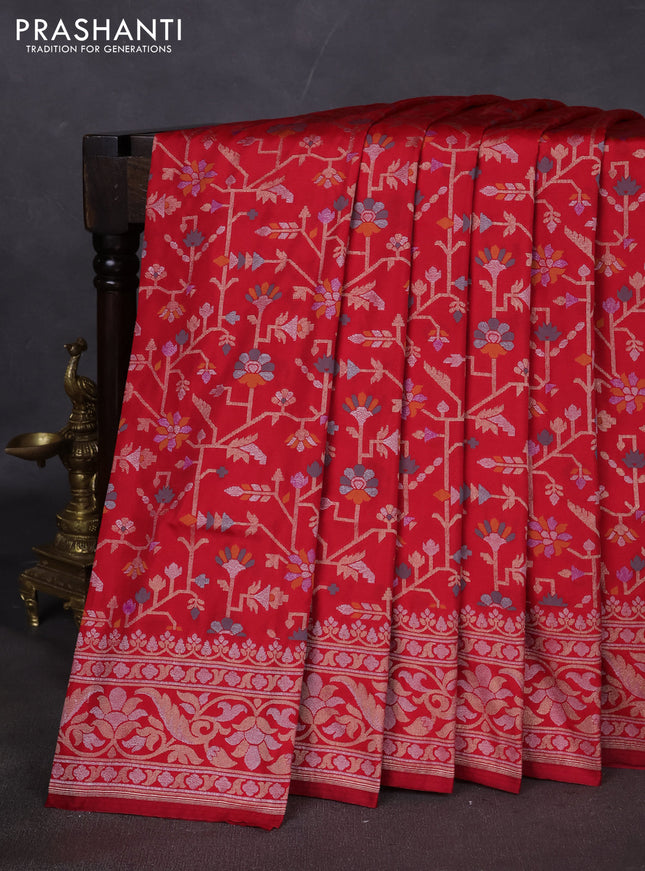 Banarasi semi katan silk saree red with allover jamdhani weaves and zari woven border