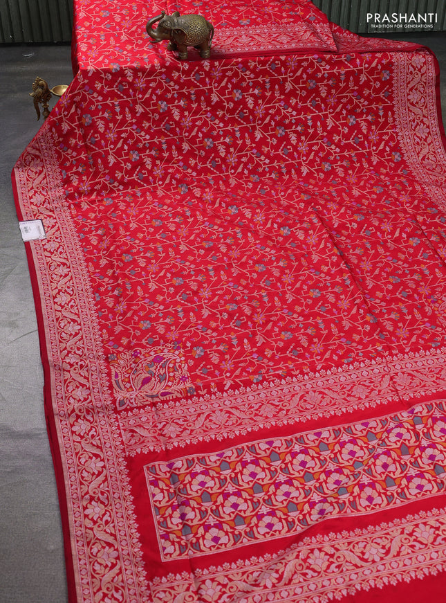 Banarasi semi katan silk saree red with allover jamdhani weaves and zari woven border