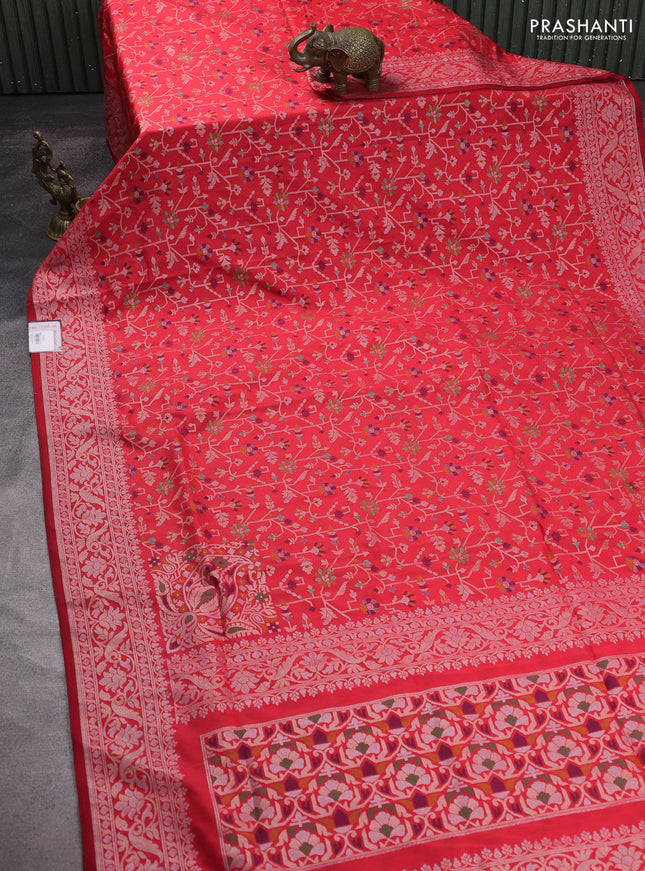 Banarasi semi katan silk saree red with allover jamdhani weaves and zari woven border