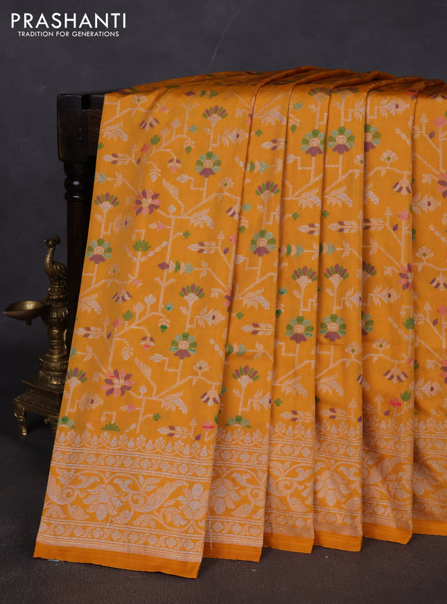 Banarasi semi katan silk saree mustard yellow with allover jamdhani weaves and zari woven border