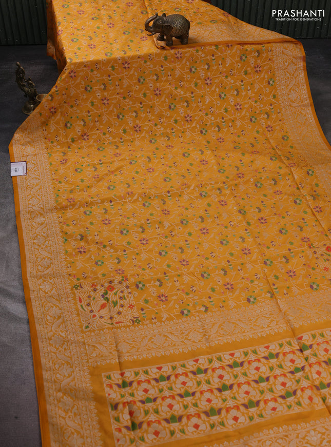 Banarasi semi katan silk saree mustard yellow with allover jamdhani weaves and zari woven border