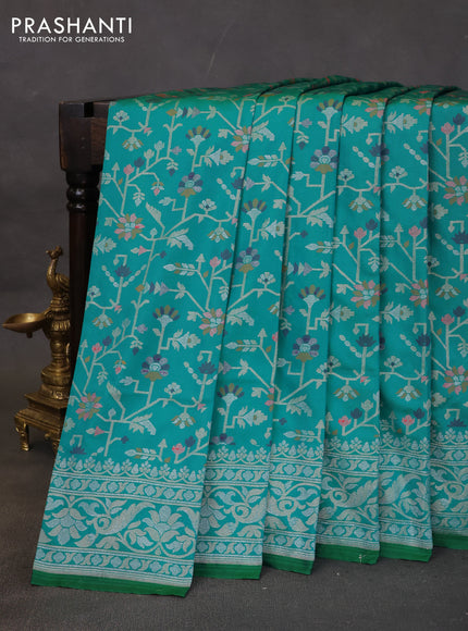 Banarasi semi katan silk saree teal green with allover jamdhani weaves and zari woven border