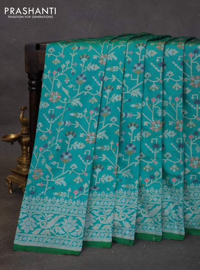 Banarasi semi katan silk saree teal green with allover jamdhani weaves and zari woven border