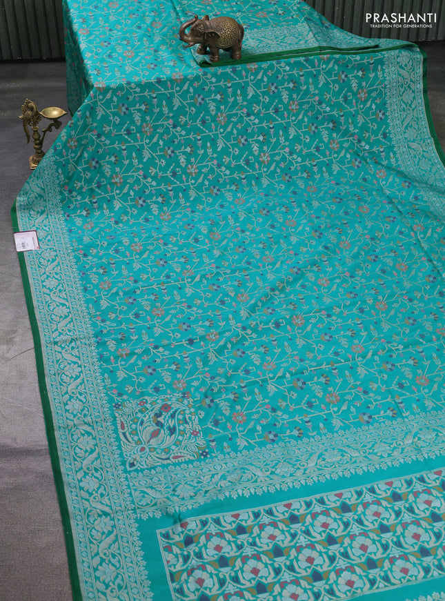 Banarasi semi katan silk saree teal green with allover jamdhani weaves and zari woven border
