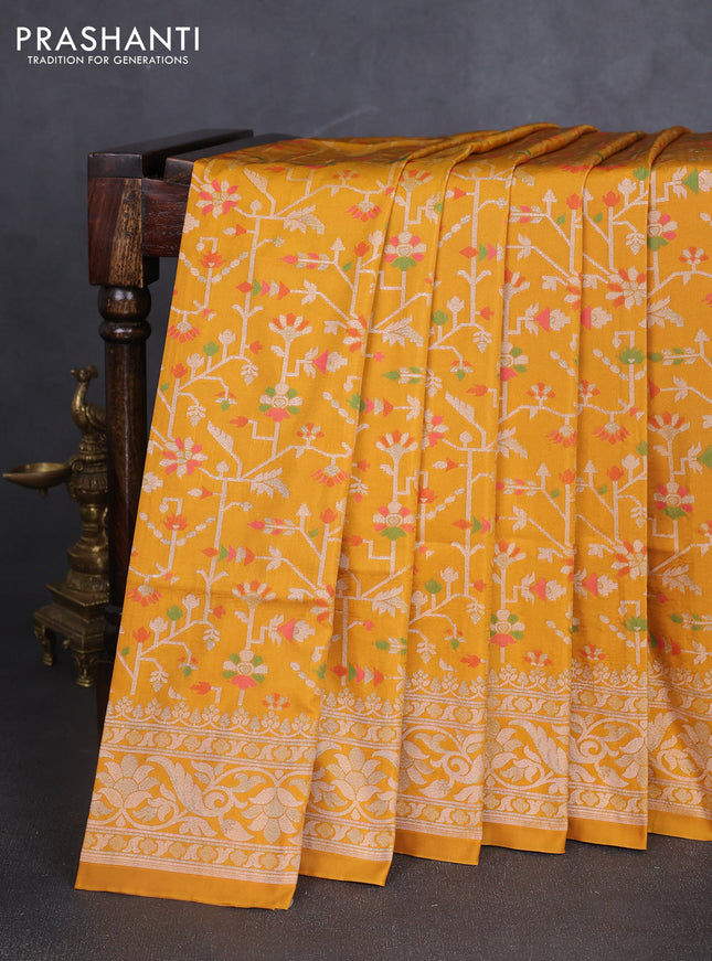 Banarasi semi katan silk saree mustard yellow with allover jamdhani weaves and zari woven border