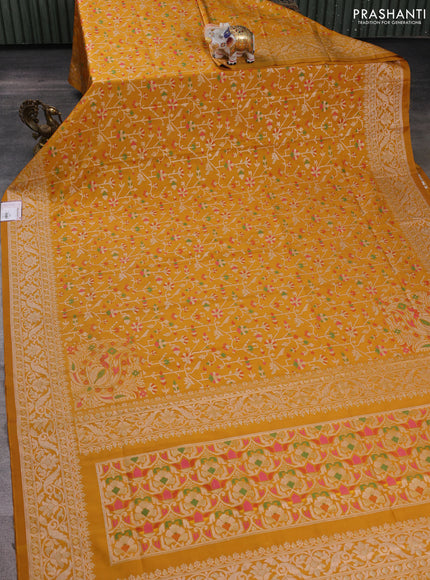 Banarasi semi katan silk saree mustard yellow with allover jamdhani weaves and zari woven border