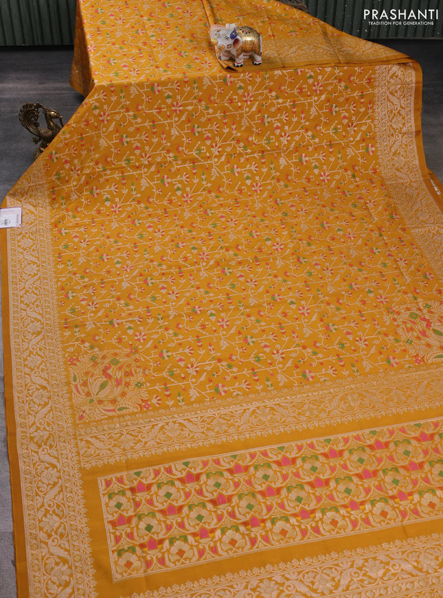 Banarasi semi katan silk saree mustard yellow with allover jamdhani weaves and zari woven border