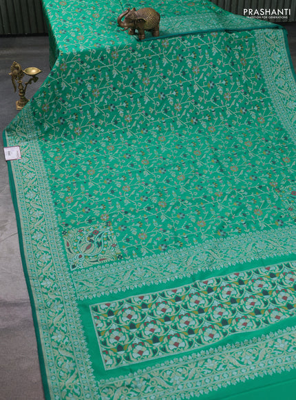 Banarasi semi katan silk saree green with allover jamdhani weaves and zari woven border