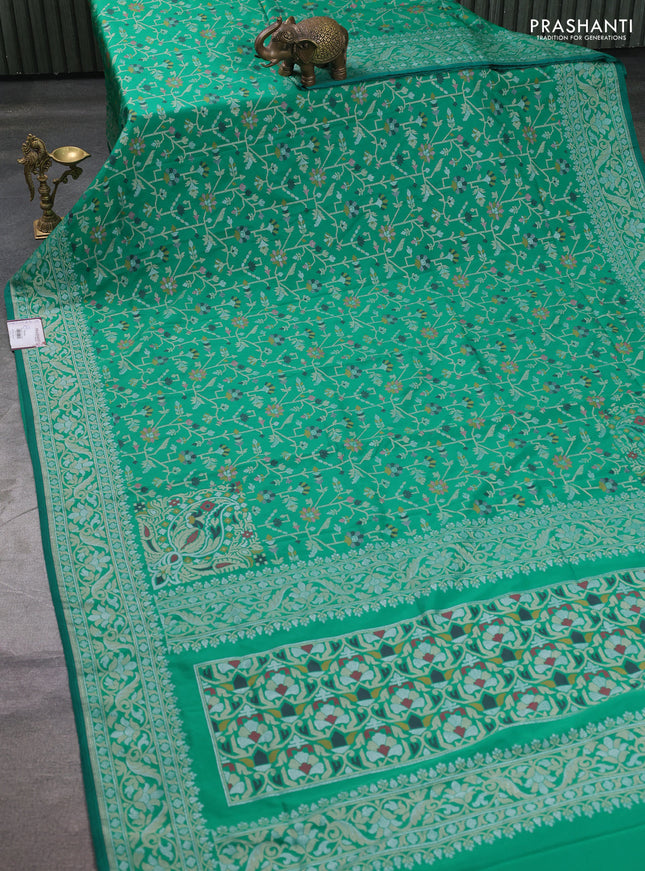 Banarasi semi katan silk saree green with allover jamdhani weaves and zari woven border