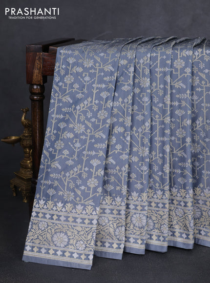 Banarasi semi katan silk saree grey with allover jamdhani weaves and zari woven border