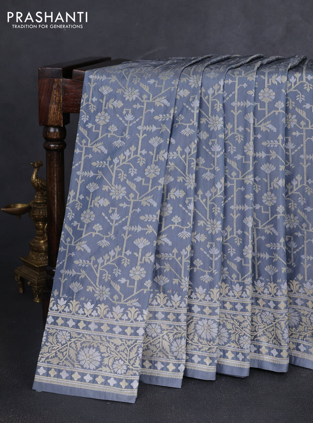 Banarasi semi katan silk saree grey with allover jamdhani weaves and zari woven border