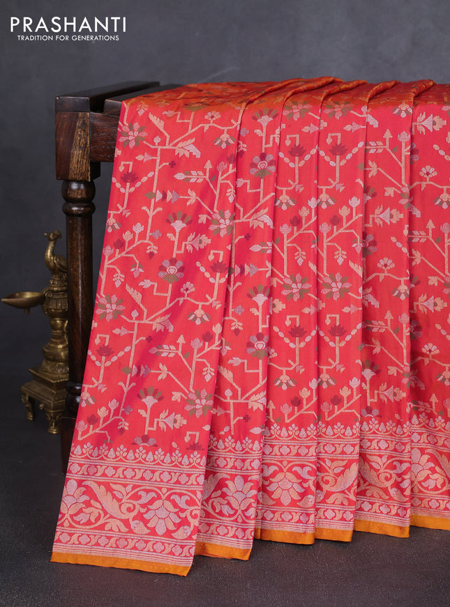 Banarasi semi katan silk saree dual shade of red with allover jamdhani weaves and zari woven border