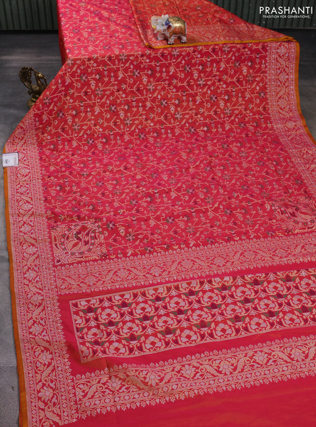Banarasi semi katan silk saree dual shade of red with allover jamdhani weaves and zari woven border