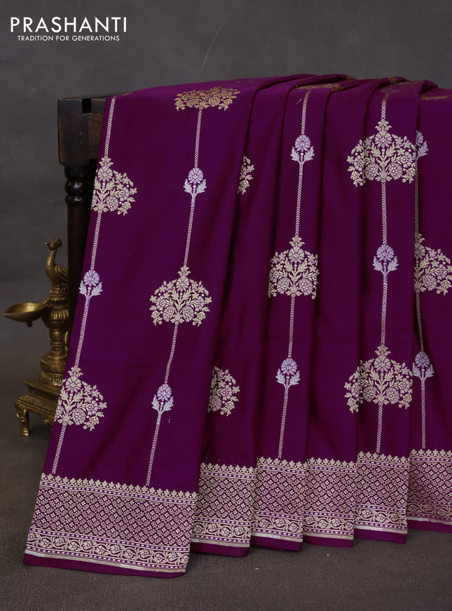 Banarasi semi katan silk saree purple with alover zari weaves and zari woven border