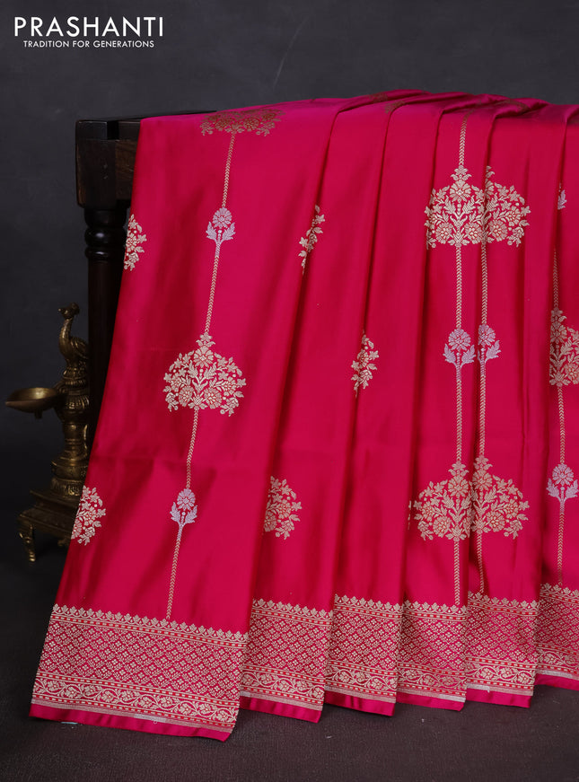 Banarasi semi katan silk saree dark pink with alover zari weaves and zari woven border