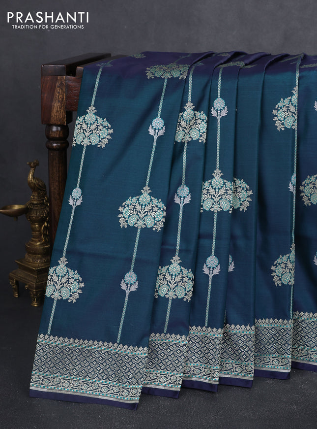 Banarasi semi katan silk saree dual shade of bluish green with alover zari weaves and zari woven border